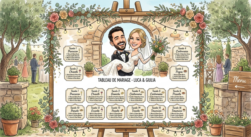Tableau Mariage allegro e personalizzato con caricatura. Postazioni fisse o mobili, segnatavoli e segnaposto unici per un matrimonio originale.