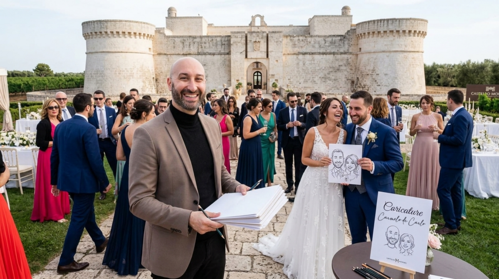 Carmelo de Carlo è la caricaturista professionista specializzata in animazione per matrimoni. Offre ritratti umoristici in bianco e nero su foglio A4 in pochi minuti, trasformando ogni ricevimento in un'esperienza dolce, originale e indimenticabile per bambini e adulti.
