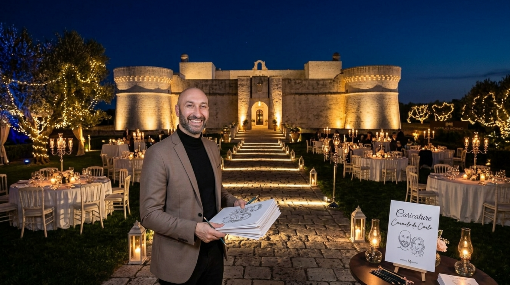 Lasciate che Carmelo De Carlo trasformi il vostro matrimonio in un evento indimenticabile. Artista di talento, crea dal vivo caricature rapide e raffinate, capaci di regalare sorrisi e complicità a ogni invitato. In soli 3 minuti, i vostri ospiti riceveranno un'opera d'arte umoristica, un ricordo prezioso e personalizzato che va oltre la tradizionale bomboniera. Perché scegliere il primo che capita quando potete avere l'eleganza del tratto, l'armonia dei colori e la magia di un vero professionista?