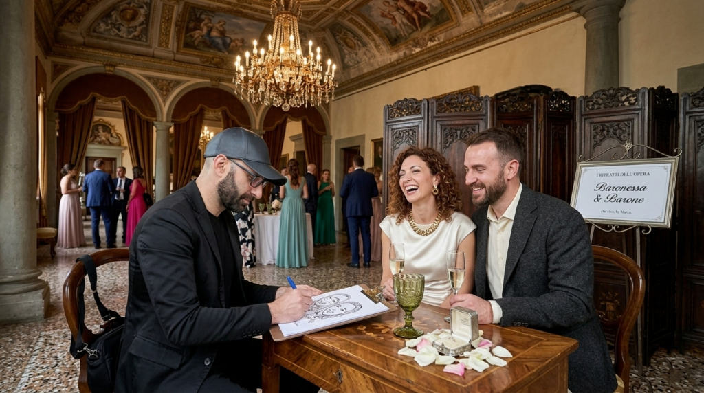 Caricaturista per matrimoni ed eventi: intrattenimento originale con caricature dal vivo. Regala un ricordo unico e divertente ai tuoi ospiti.