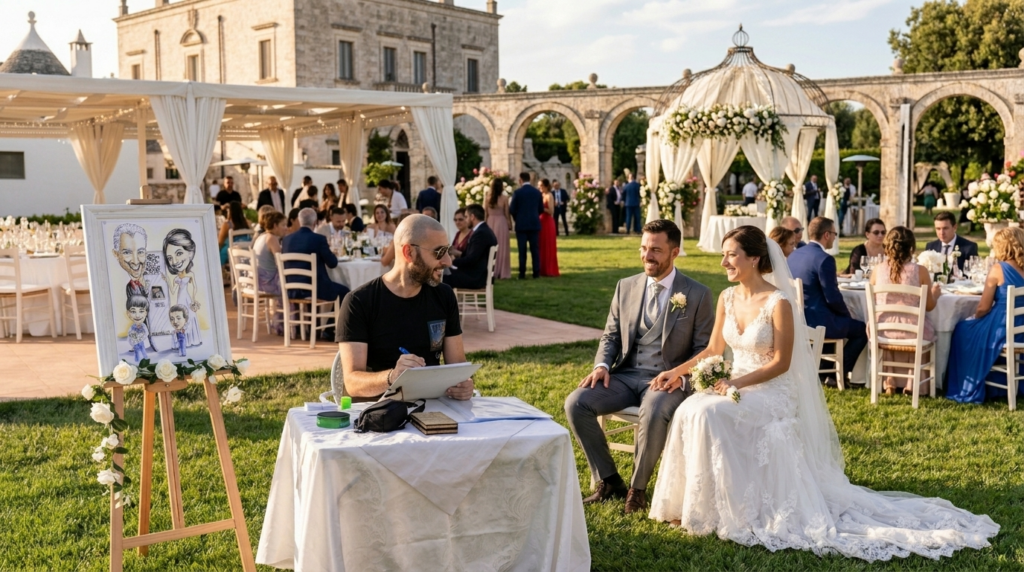 Guida pratica su come scegliere il caricaturista ideale per il matrimonio. Scopri 4 consigli fondamentali: l'importanza del contatto diretto, la valutazione dello stile artistico, il metodo di lavoro con postazione fissa e la gestione della trasferta. Carmelo de Carlo, caricaturista esperto in matrimoni in Puglia e Salento, condivide la sua esperienza per rendere il vostro giorno indimenticabile.