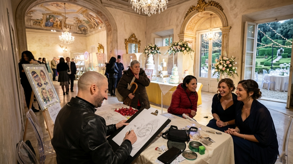 Cerchi un caricaturista per il tuo matrimonio a Lecce o provincia? Carmelo De Carlo realizza caricature dal vivo, eleganti e divertenti. Intrattenimento artistico per eventi esclusivi in Salento. Contattalo per un preventivo!